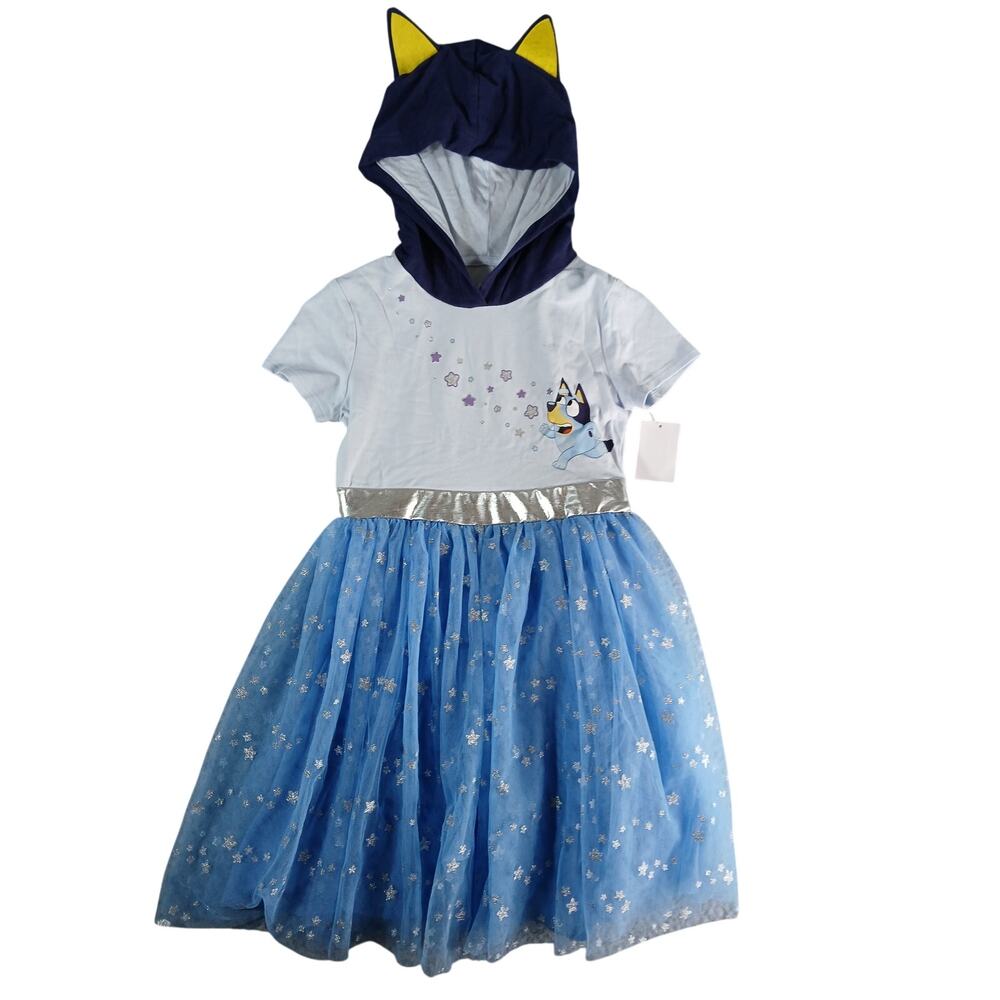 Bluey Dress Girls Small (6-7) Blue Shirt Twirl Tulle Skirt Hood with Ears NWT